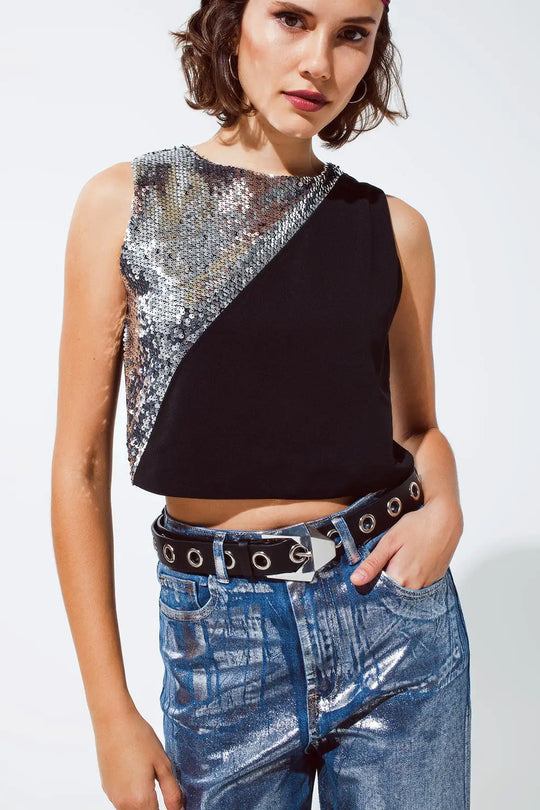 Sleevless Croptop With Diagonal Silver Sequin Detail in Black - Tops