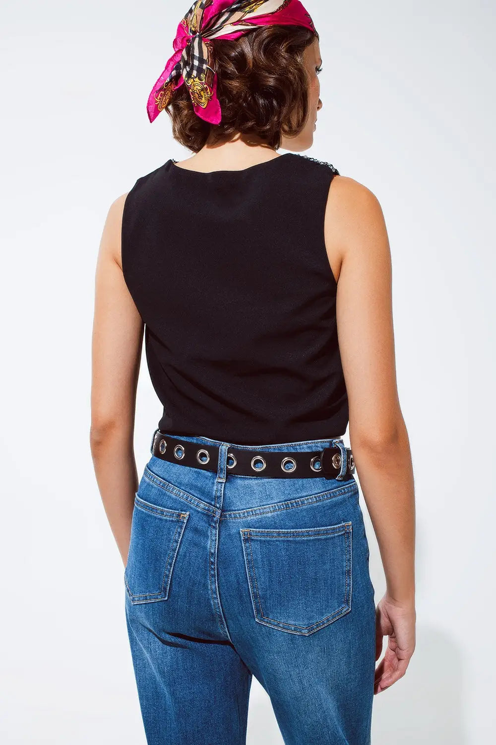Sleevless Croptop With Diagonal Silver Sequin Detail in Black - Tops