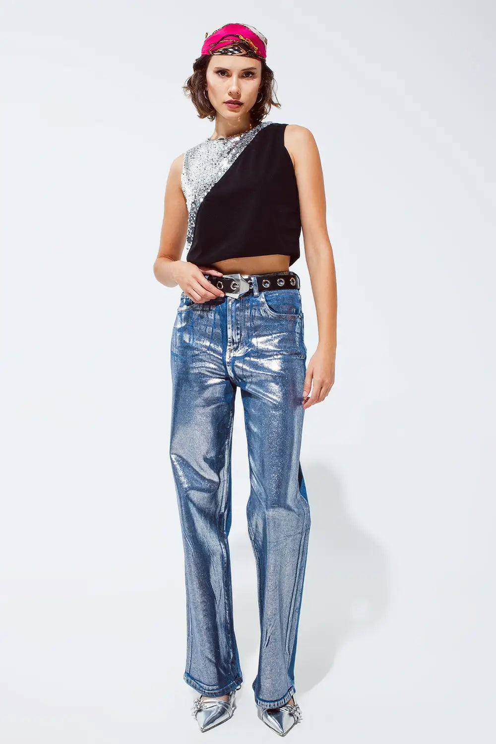 Sleevless Croptop With Diagonal Silver Sequin Detail in Black - Tops