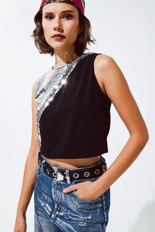 Sleevless Croptop With Diagonal Silver Sequin Detail in Black - Tops
