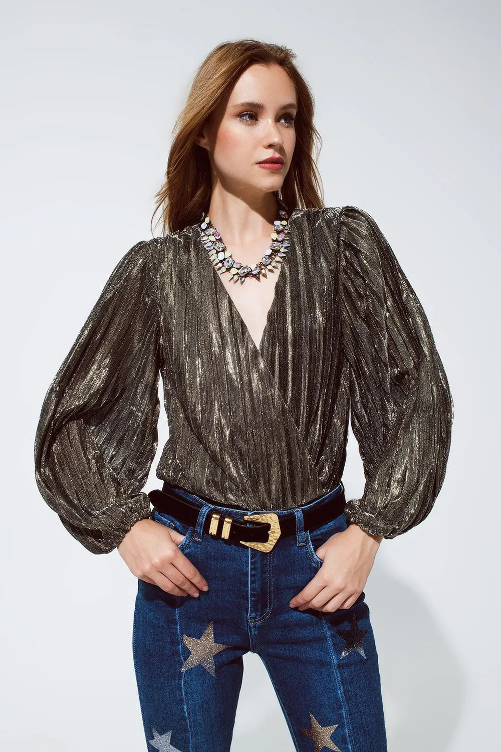 Shiny Glitter Body with Deep V Neck in gold - Tops