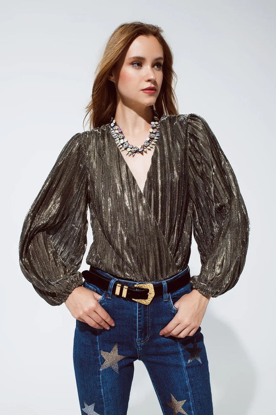 Shiny Glitter Body with Deep V Neck in gold - Tops