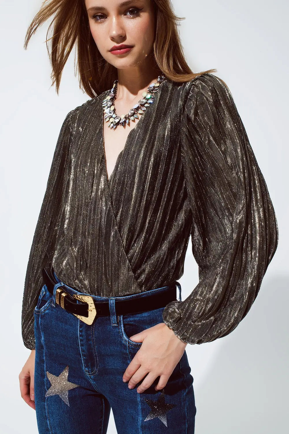 Shiny Glitter Body with Deep V Neck in gold - Tops