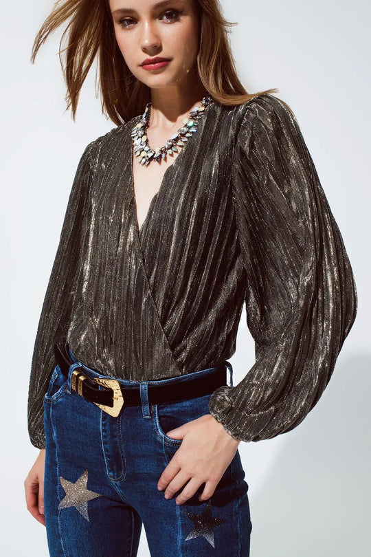 Shiny Glitter Body with Deep V Neck in gold - Tops