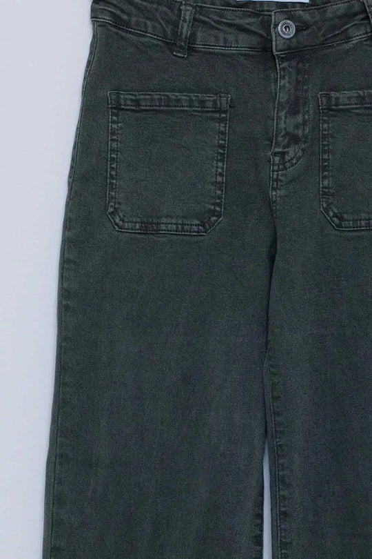 high waisted front pockets flare jeans in dark khaki - Colored Jeans