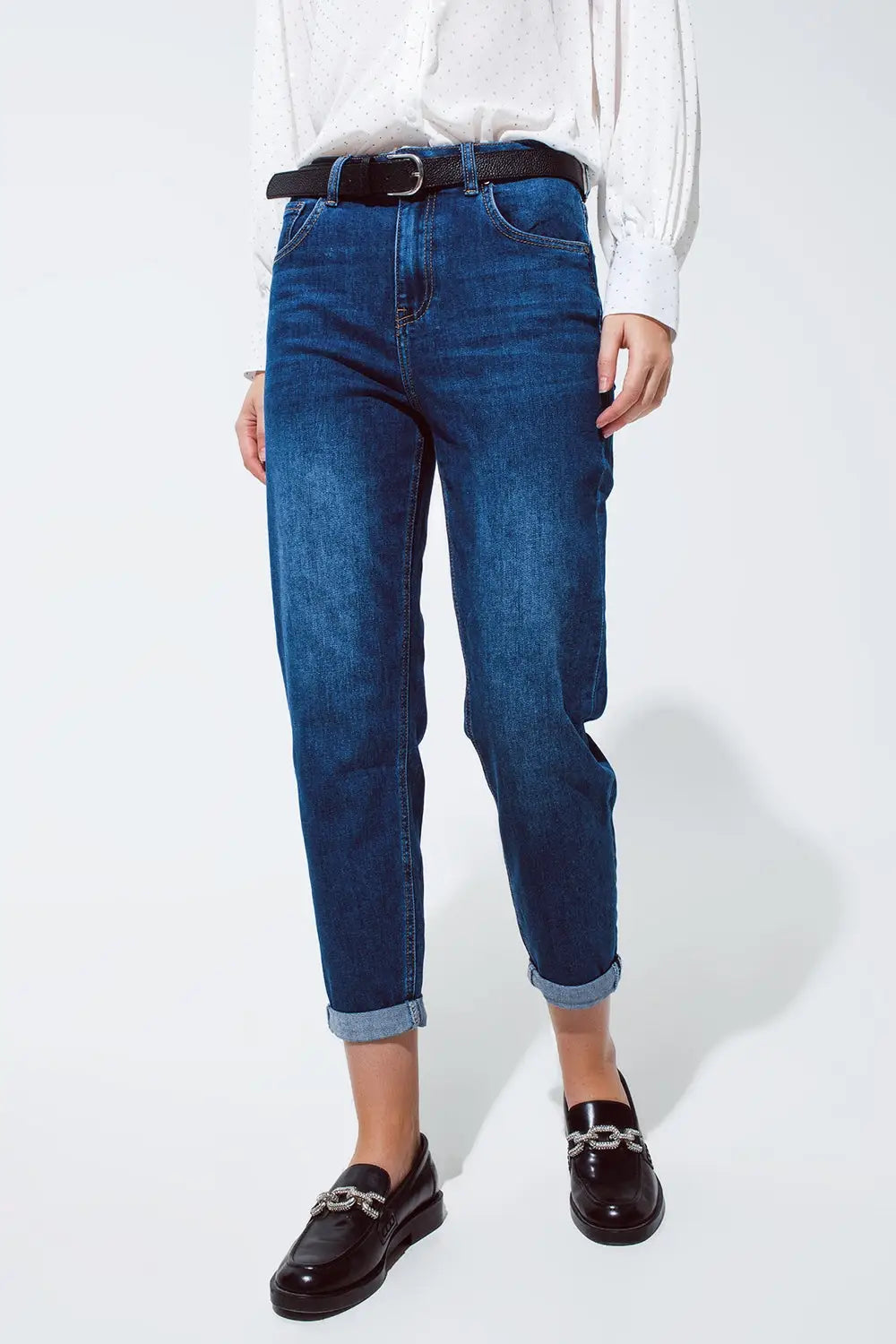 Mum Jeans in Medium Wash With Folded Hem
