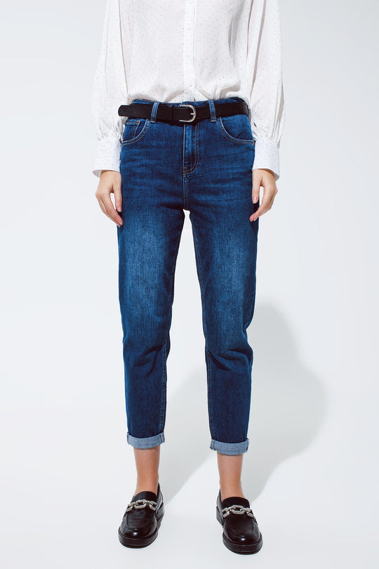 Mum Jeans in Medium Wash With Folded Hem