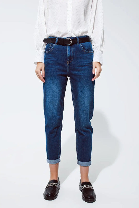 Mum Jeans in Medium Wash With Folded Hem