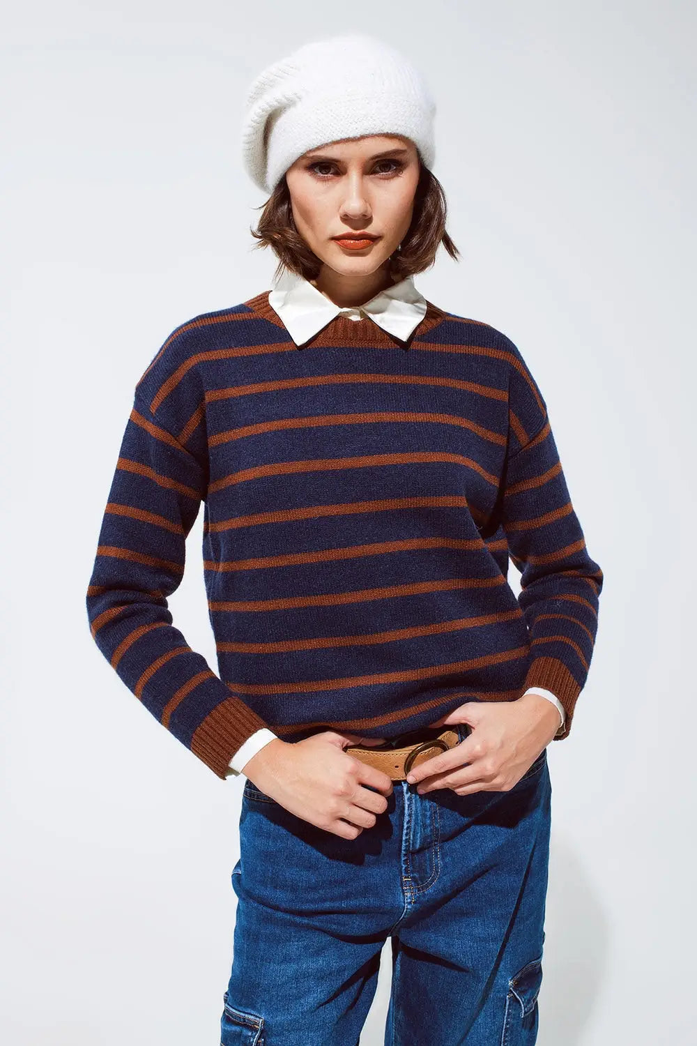 Crew Neck Stripy Sweater in Navy and Rust Orange - Sweaters