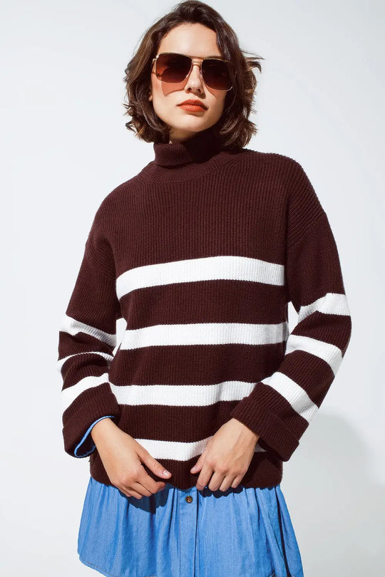 Chocolate Brown turtle neck sweater with white stripes - Sweaters
