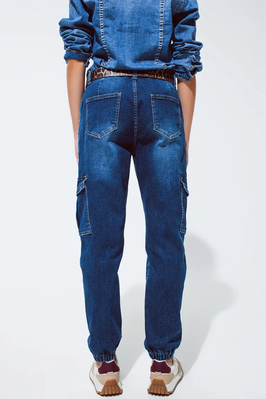 Cargo Style Jeans with Seam Down the Front in Medium Wash