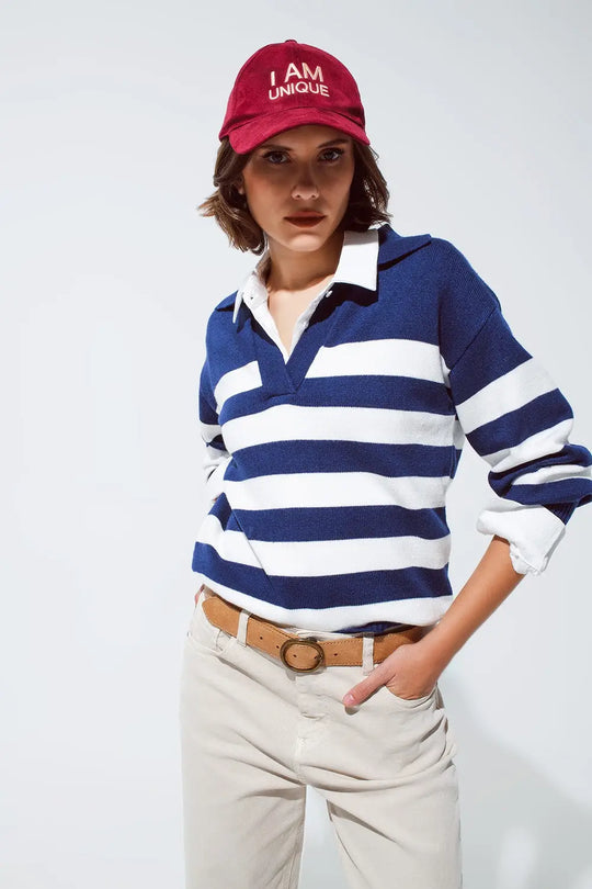 Blue and white striped sweater with V neck and polo collar - Sweaters