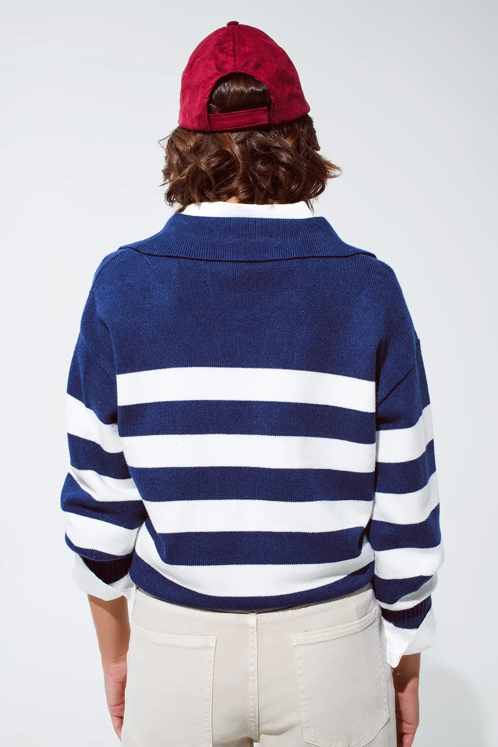 Blue and white striped sweater with V neck and polo collar - Sweaters