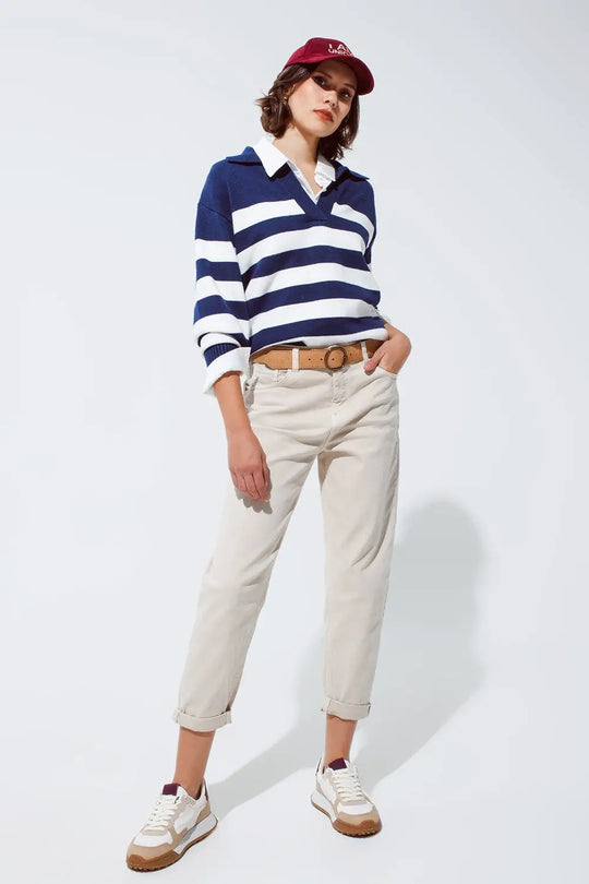 Blue and white striped sweater with V neck and polo collar - Sweaters