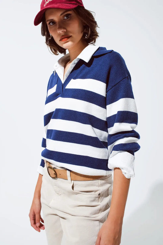 Blue and white striped sweater with V neck and polo collar - Sweaters
