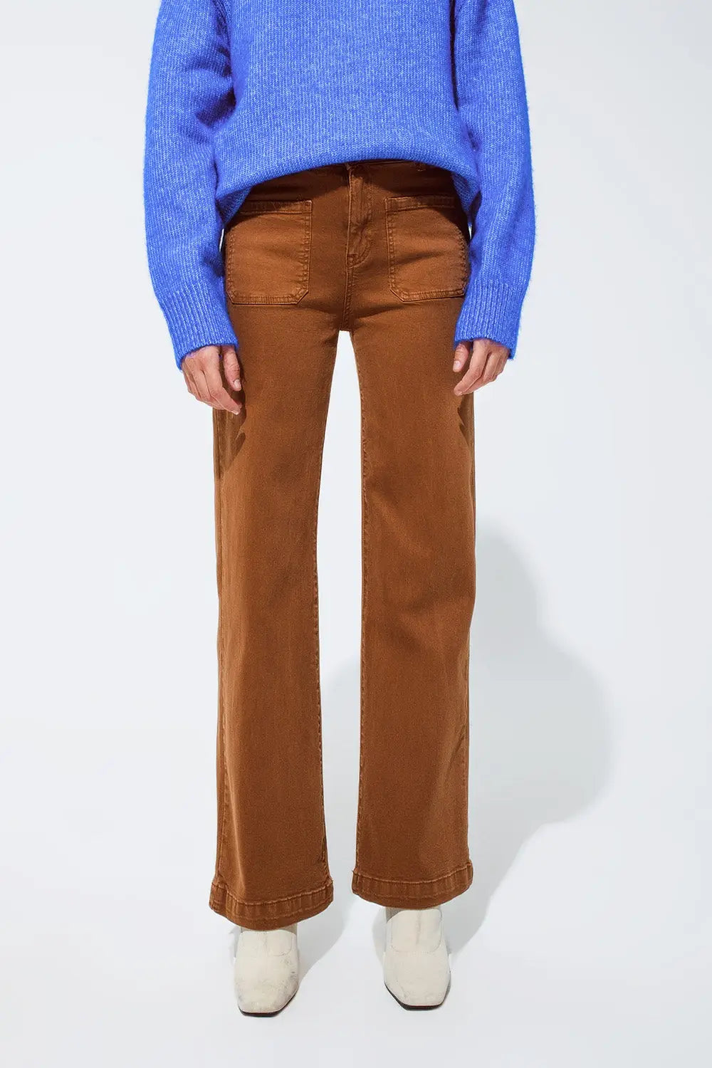 high waisted front pockets flare jeans in camel - Colored Jeans
