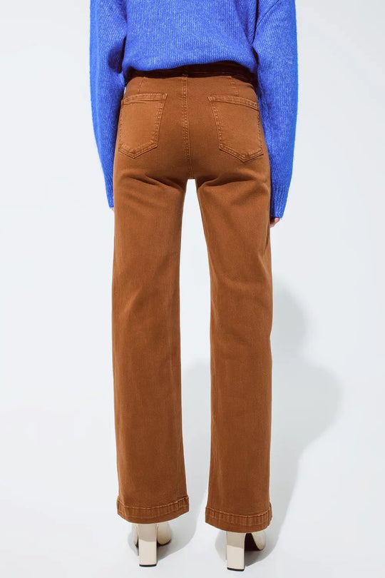 high waisted front pockets flare jeans in camel - Colored Jeans