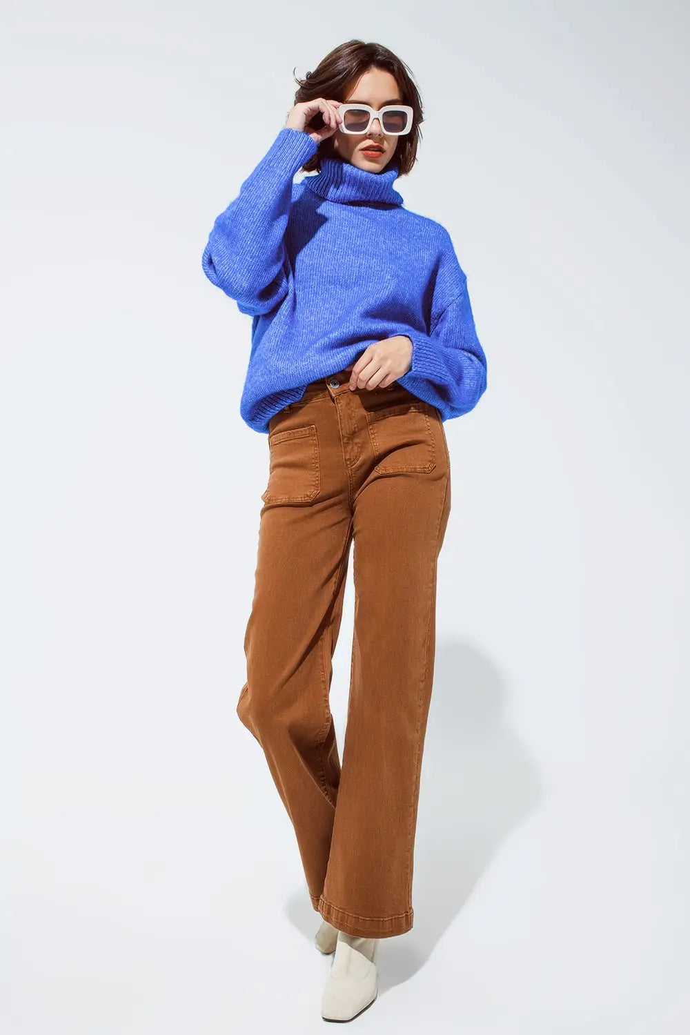 high waisted front pockets flare jeans in camel - Colored Jeans