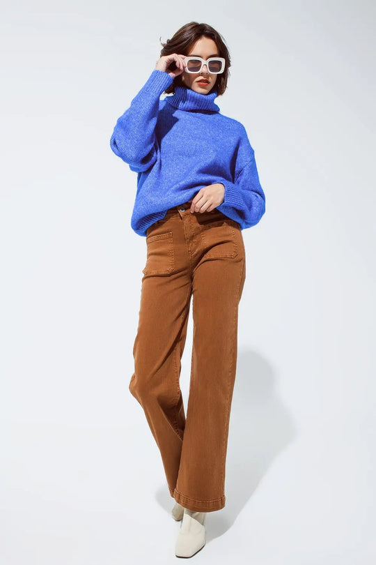 high waisted front pockets flare jeans in camel - Colored Jeans