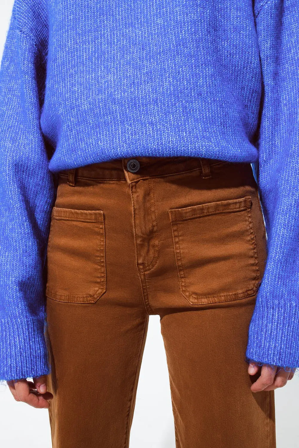 high waisted front pockets flare jeans in camel - Colored Jeans