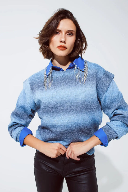 Sweater in ombre design blue with round neck and sleeve details - Sweaters