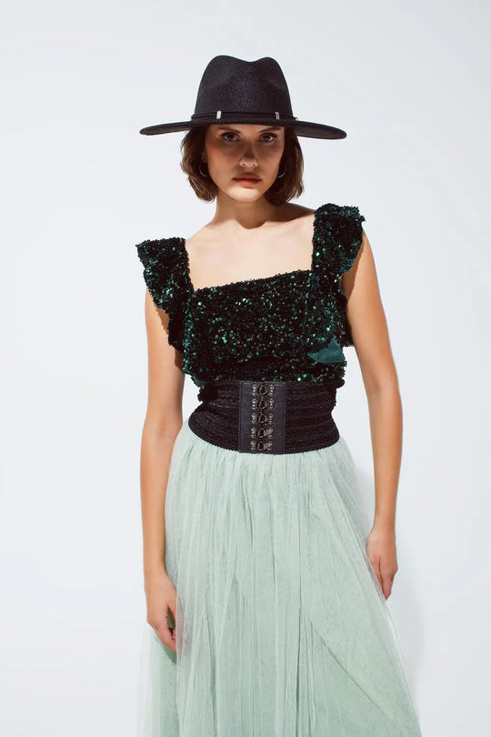 Sequin Cropped top in green with wide straps - Tops