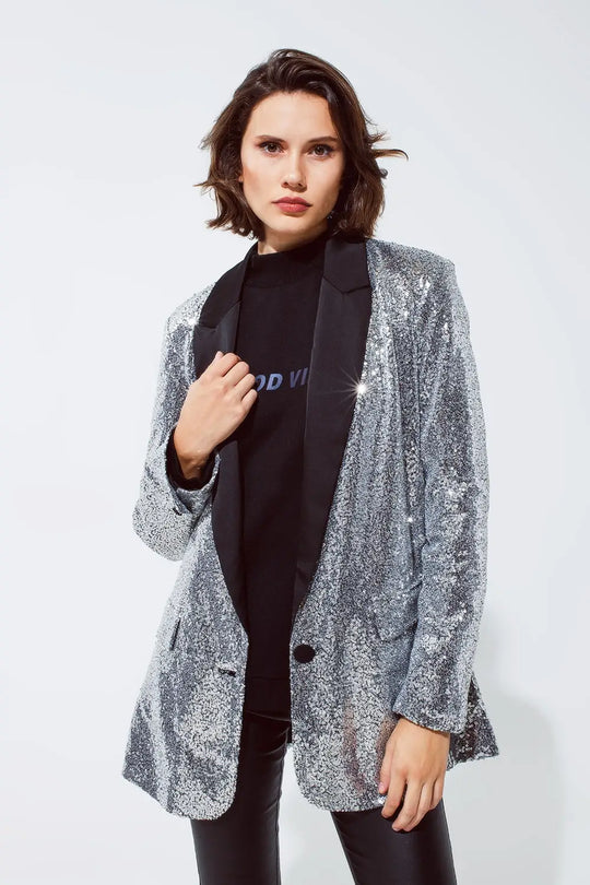 Silver Sequin tuxedo Blazer with Satin Black Lapels - Jackets
