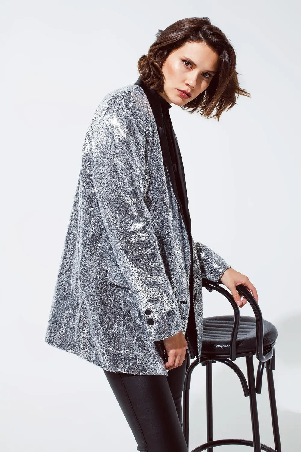 Silver Sequin tuxedo Blazer with Satin Black Lapels - Jackets