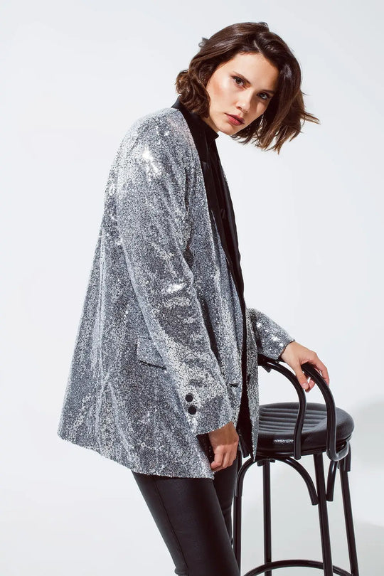 Silver Sequin tuxedo Blazer with Satin Black Lapels - Jackets