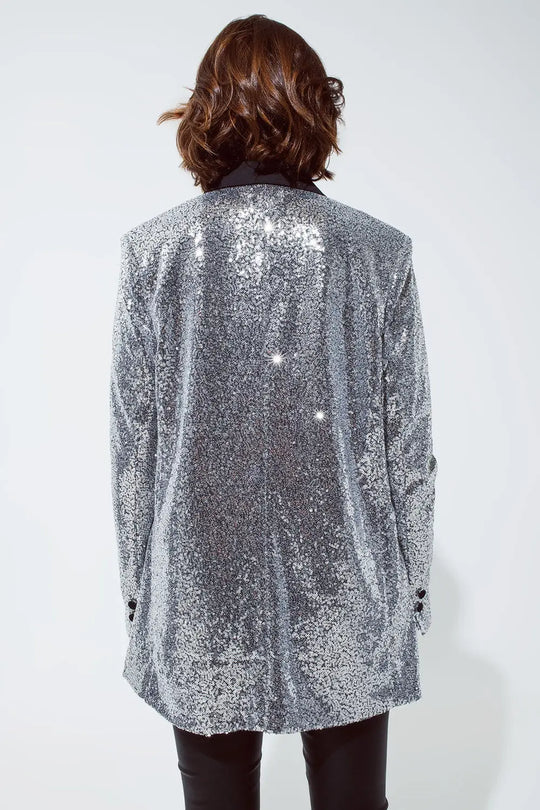Silver Sequin tuxedo Blazer with Satin Black Lapels - Jackets