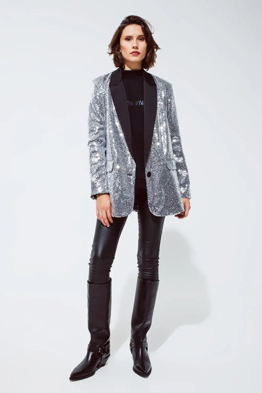 Silver Sequin tuxedo Blazer with Satin Black Lapels - Jackets