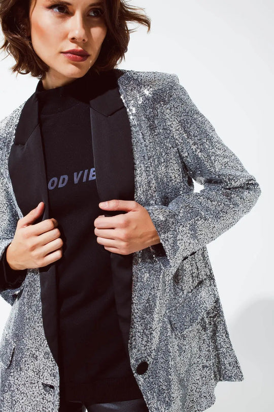 Silver Sequin tuxedo Blazer with Satin Black Lapels - Jackets