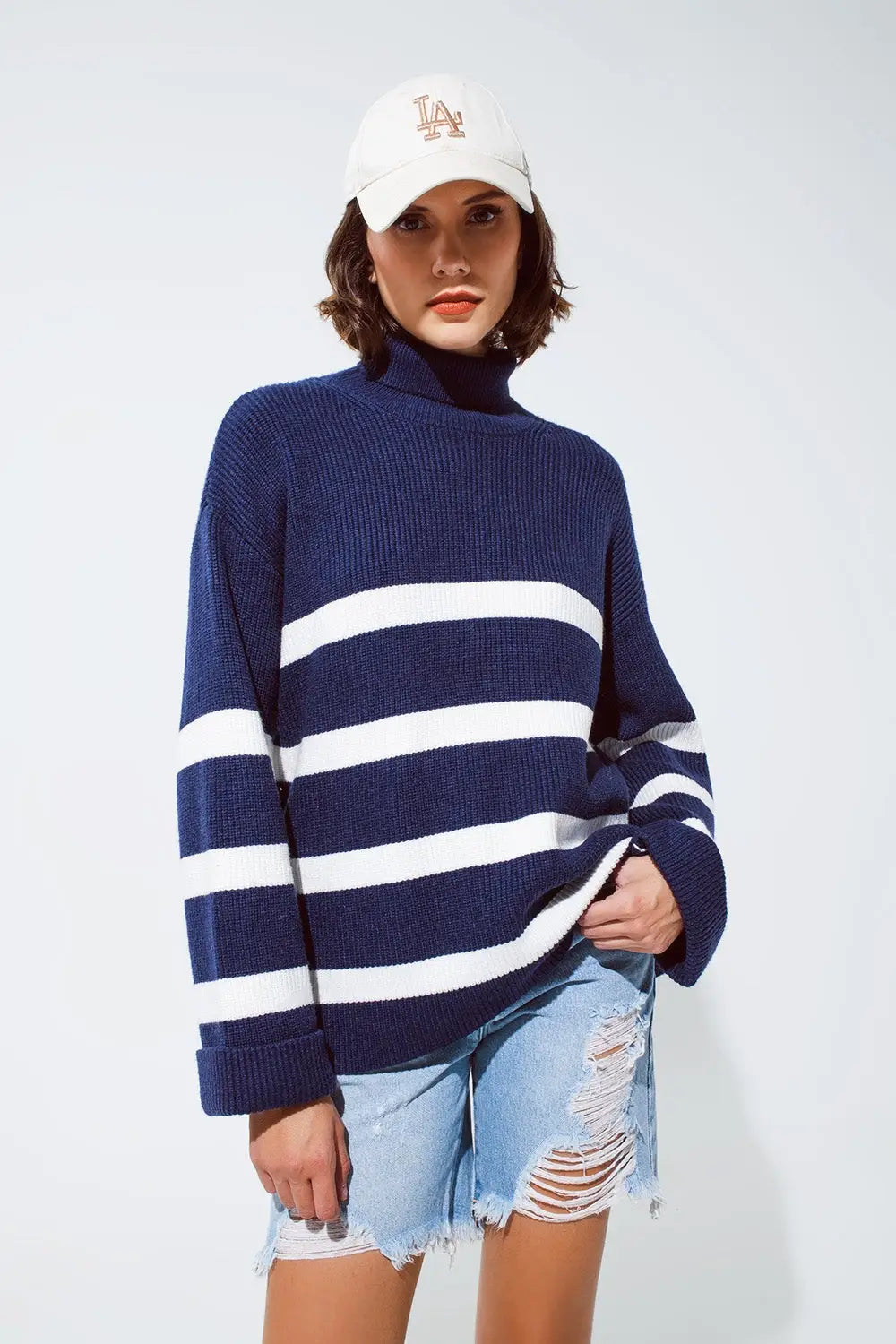 Navy blue turtle neck sweater in navy with stripes - Sweaters