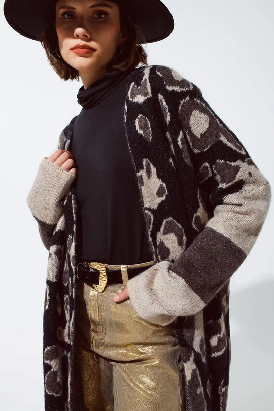 Long Open Cardigan With Cheetah Print and Fringe In Black and Grey - BROWN / ONE - Cardigans