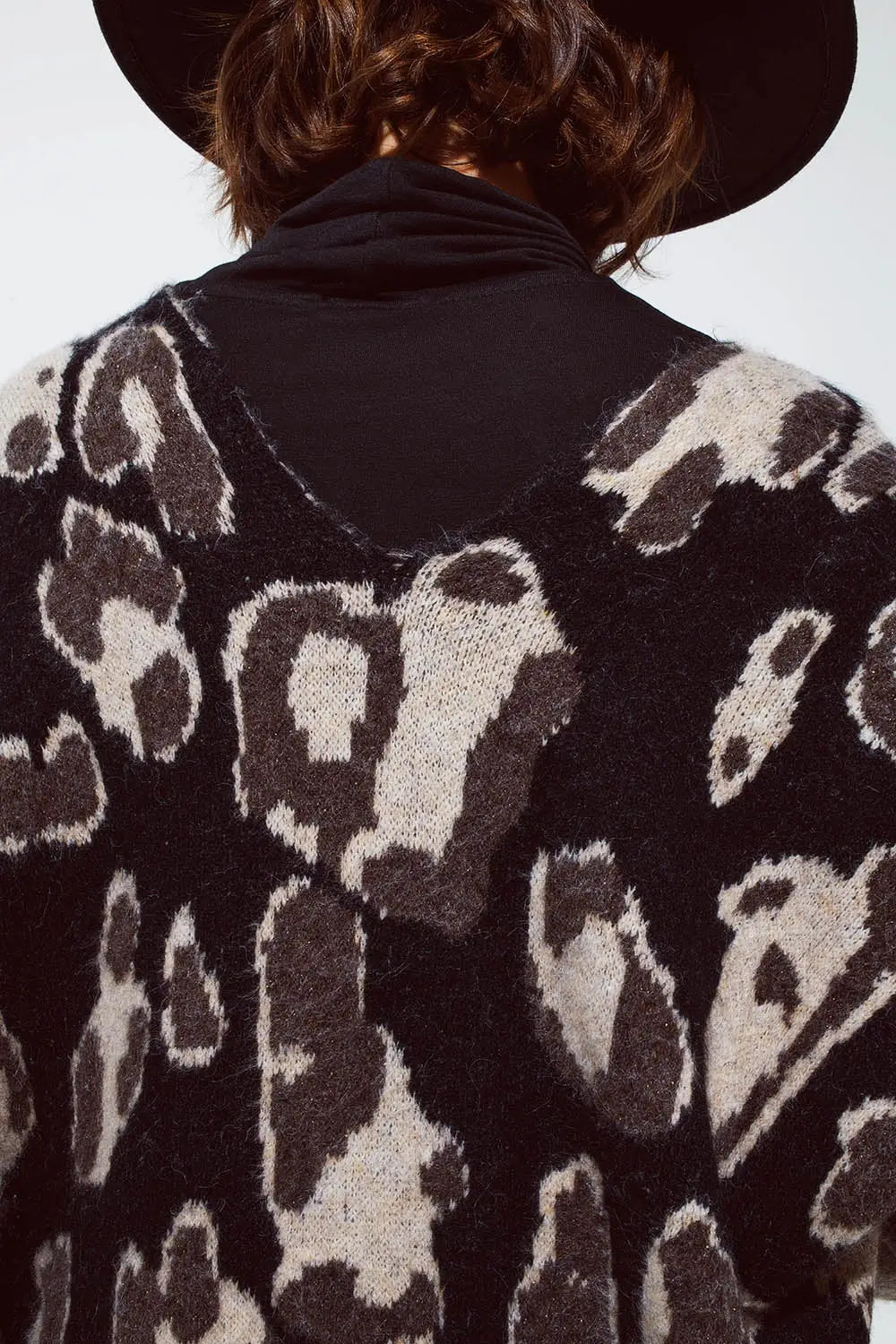 Long Open Cardigan With Cheetah Print and Fringe In Black and Grey - BROWN / ONE - Cardigans