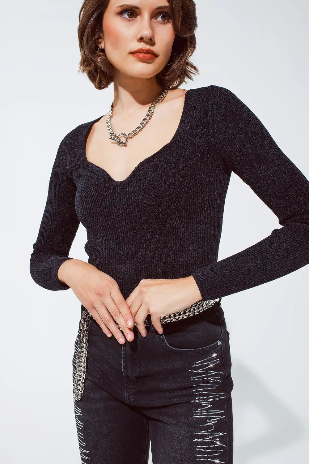 Black chenille sweetheart neck top - Sweaters