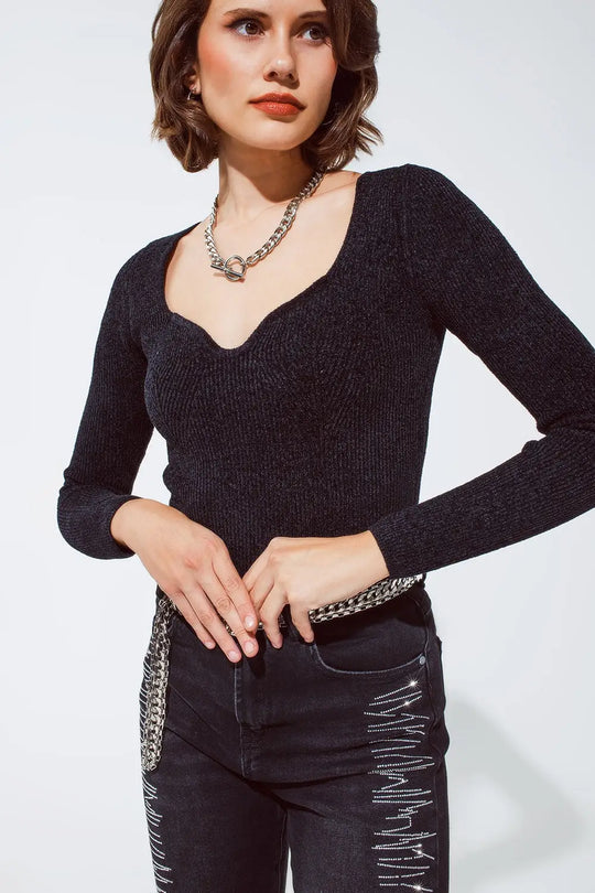 Black chenille sweetheart neck top - Sweaters