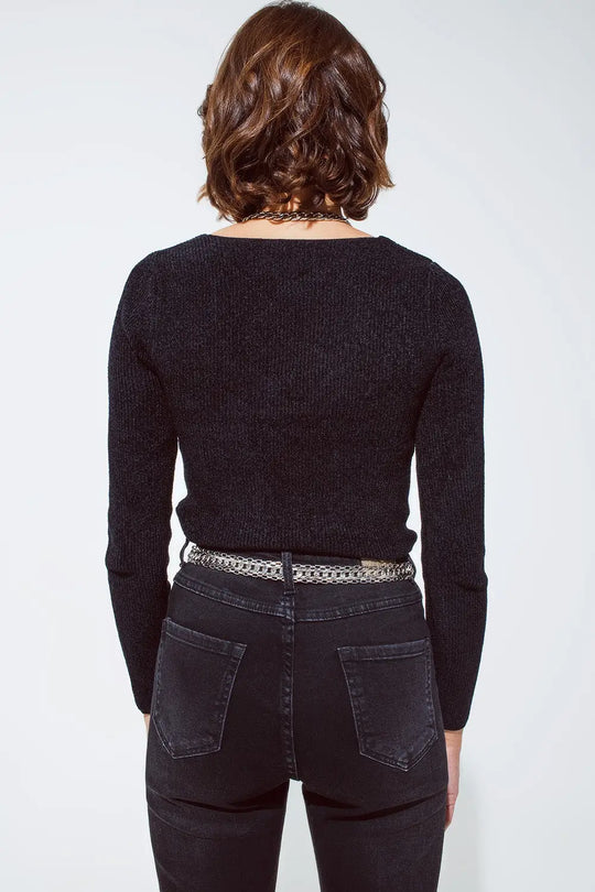 Black chenille sweetheart neck top - Sweaters