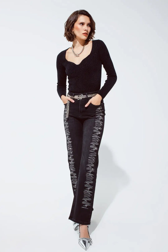 Black chenille sweetheart neck top - Sweaters