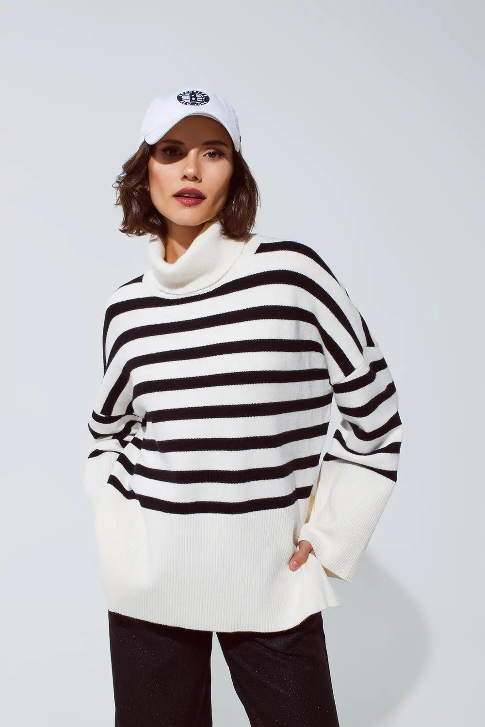 White oversized trutleneck sweater with black stripes and splits on the side - CREAM / ONE - Sweaters