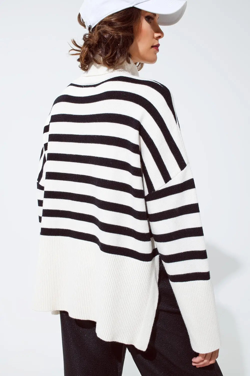 White oversized trutleneck sweater with black stripes and splits on the side - CREAM / ONE - Sweaters