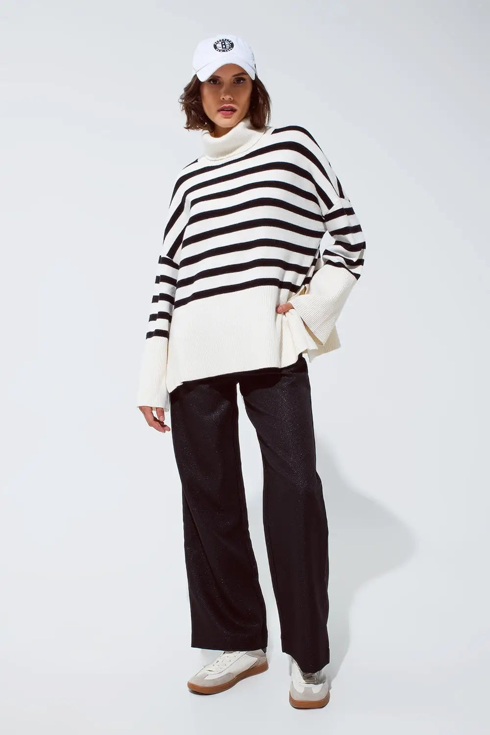 White oversized trutleneck sweater with black stripes and splits on the side - CREAM / ONE - Sweaters