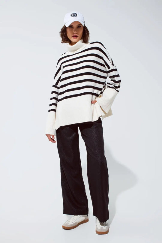 White oversized trutleneck sweater with black stripes and splits on the side - CREAM / ONE - Sweaters