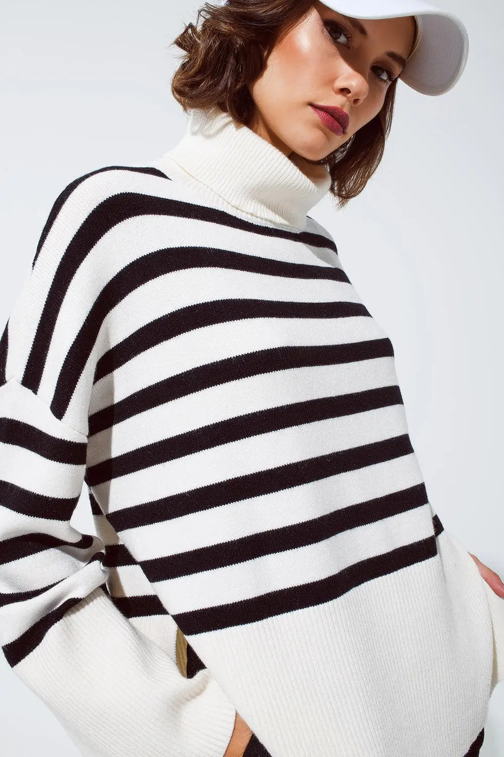 White oversized trutleneck sweater with black stripes and splits on the side - CREAM / ONE - Sweaters