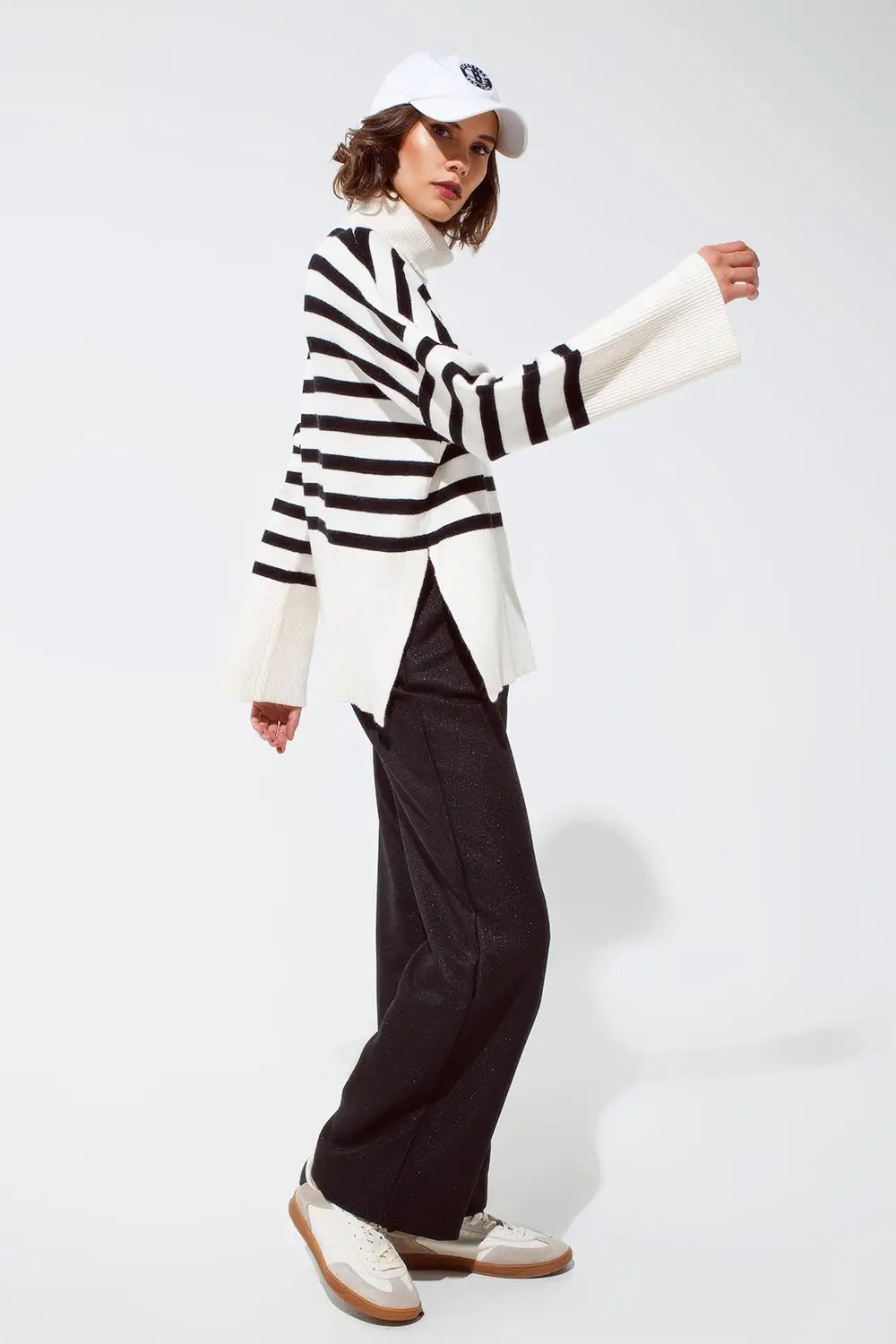 White oversized trutleneck sweater with black stripes and splits on the side - CREAM / ONE - Sweaters