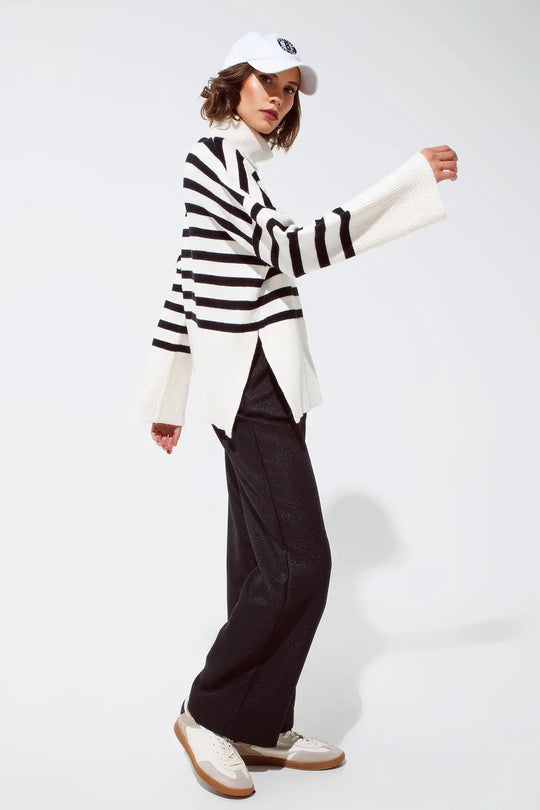 White oversized trutleneck sweater with black stripes and splits on the side - CREAM / ONE - Sweaters