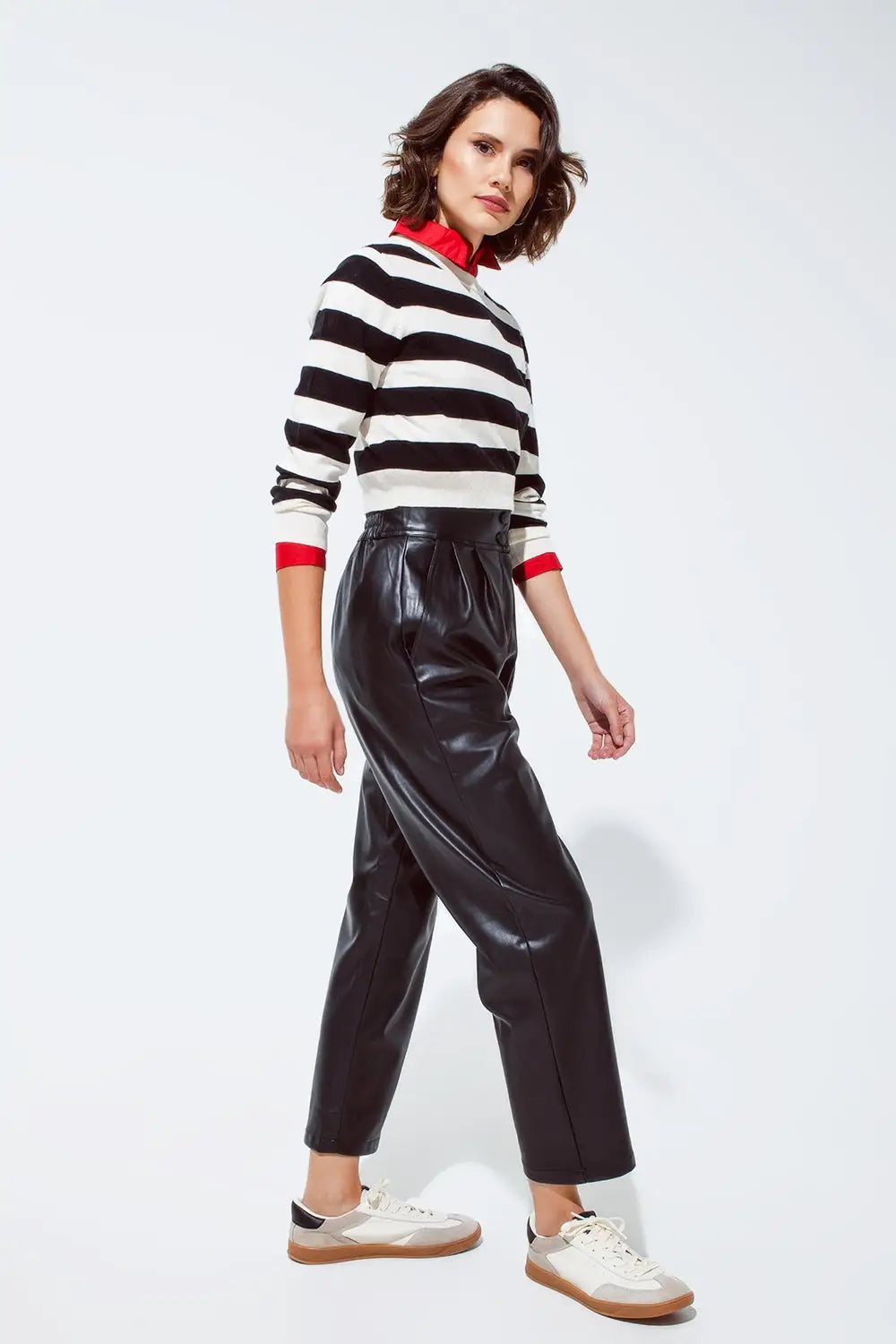 Faux leather pants with pleats and elastic waist - Pants