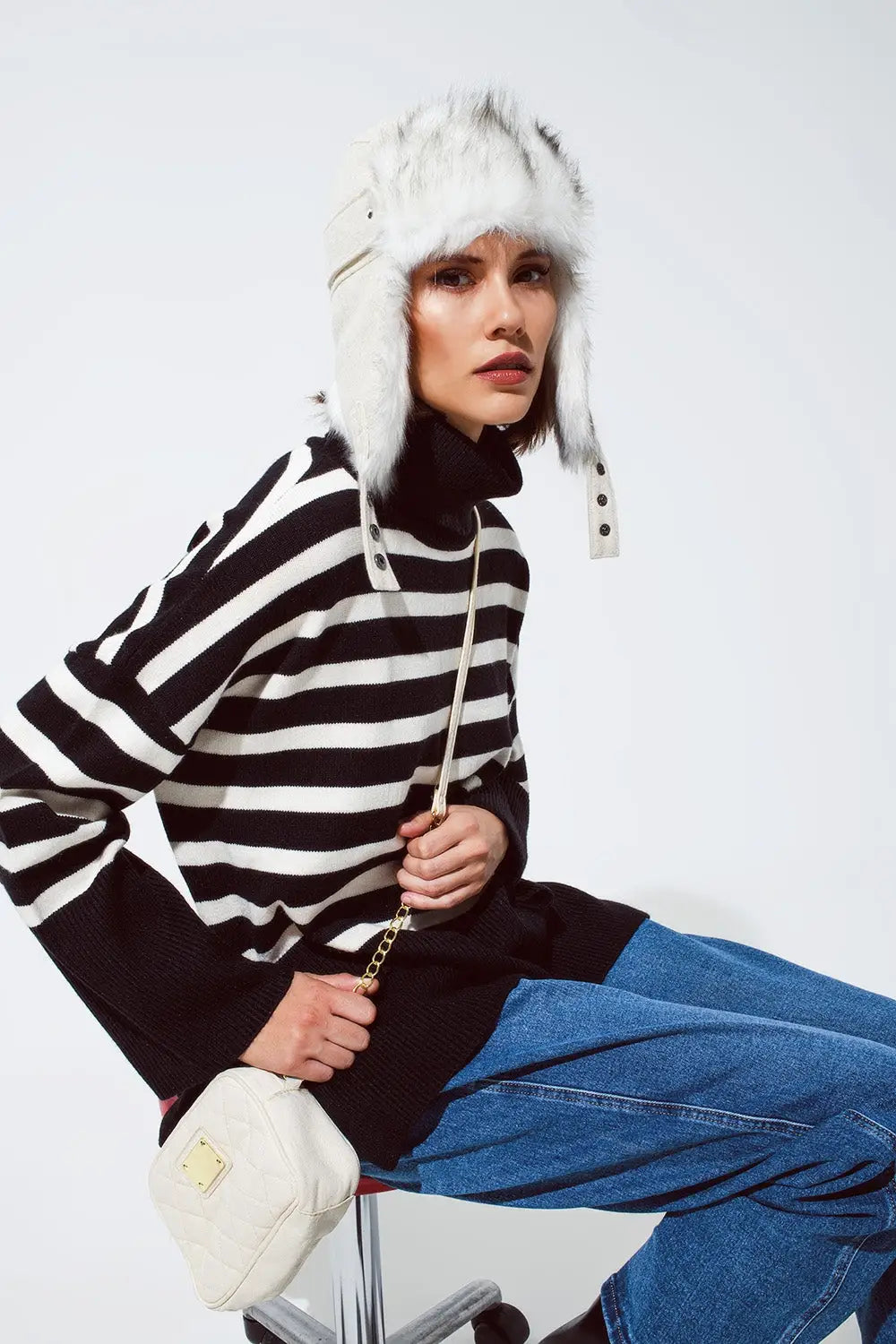 Black oversized trutleneck sweater with white stripes and splits on the side - BLACK / ONE - Sweaters