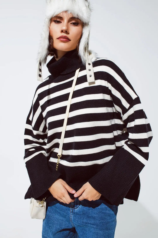 Black oversized trutleneck sweater with white stripes and splits on the side - BLACK / ONE - Sweaters