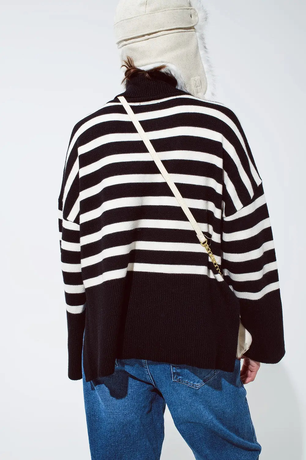 Black oversized trutleneck sweater with white stripes and splits on the side - BLACK / ONE - Sweaters